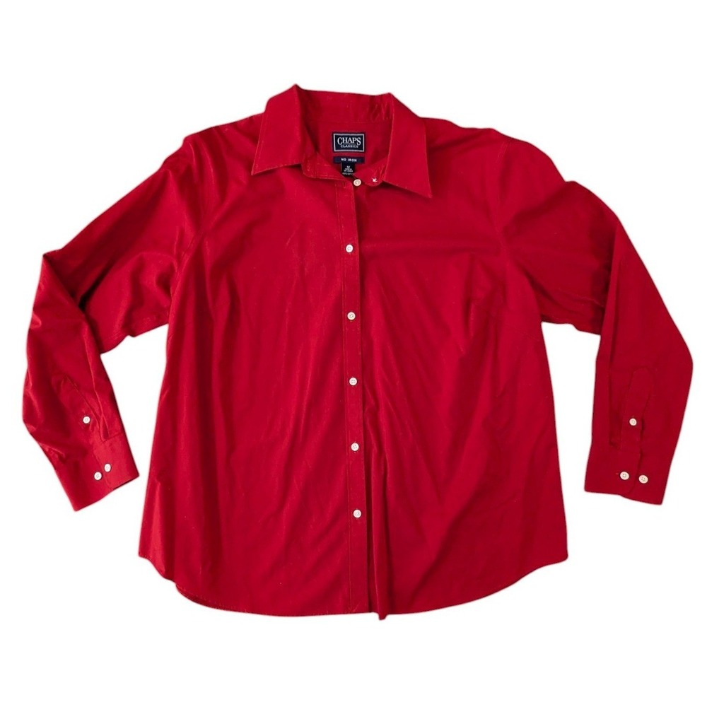 Chaps Classics Womens Red No Iron 100% Cotton Button Down Shirt Blouse 1X